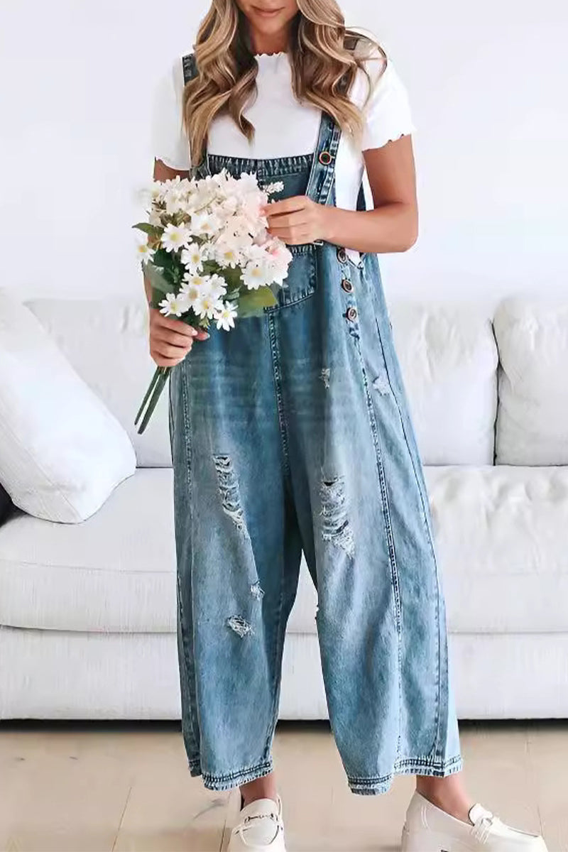 CM | Casual Distressed Buttons Square Neckline Sleeveless Loose Denim Jumpsuits