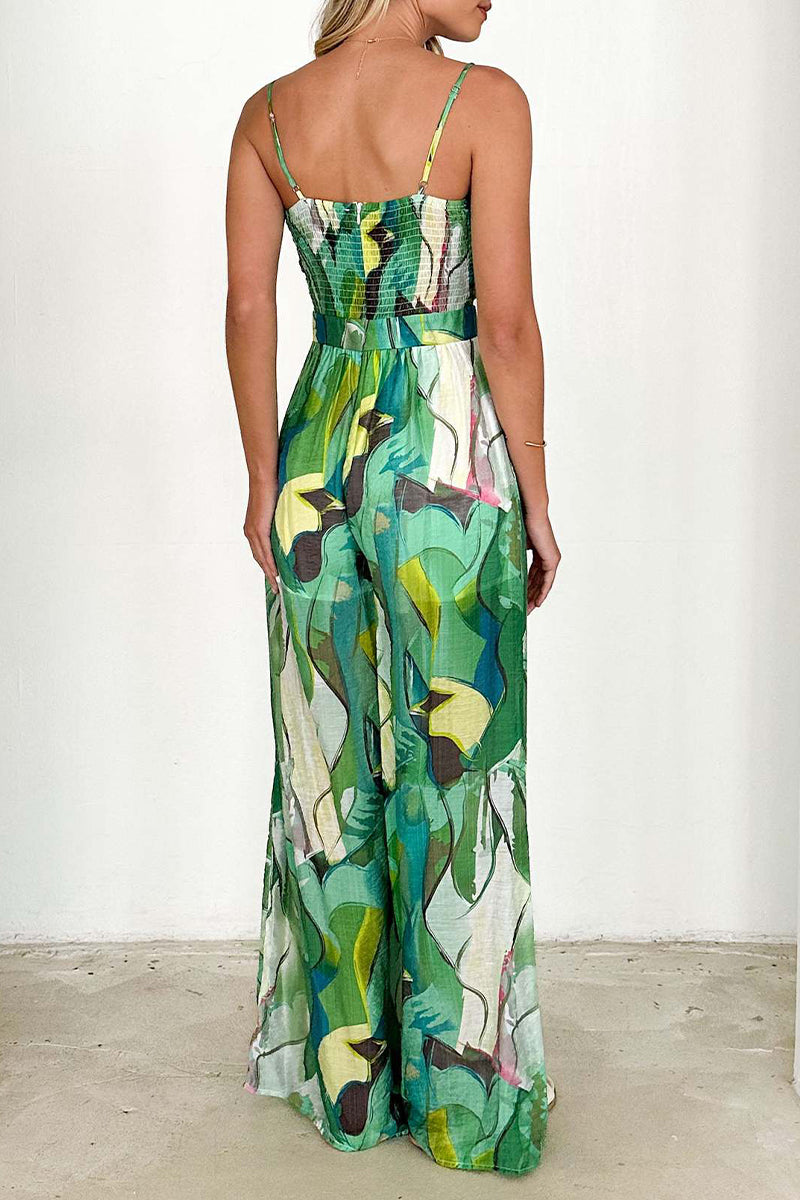 CM | Casual Floral Print Pocket Contrast V-Neck Loose Jumpsuits