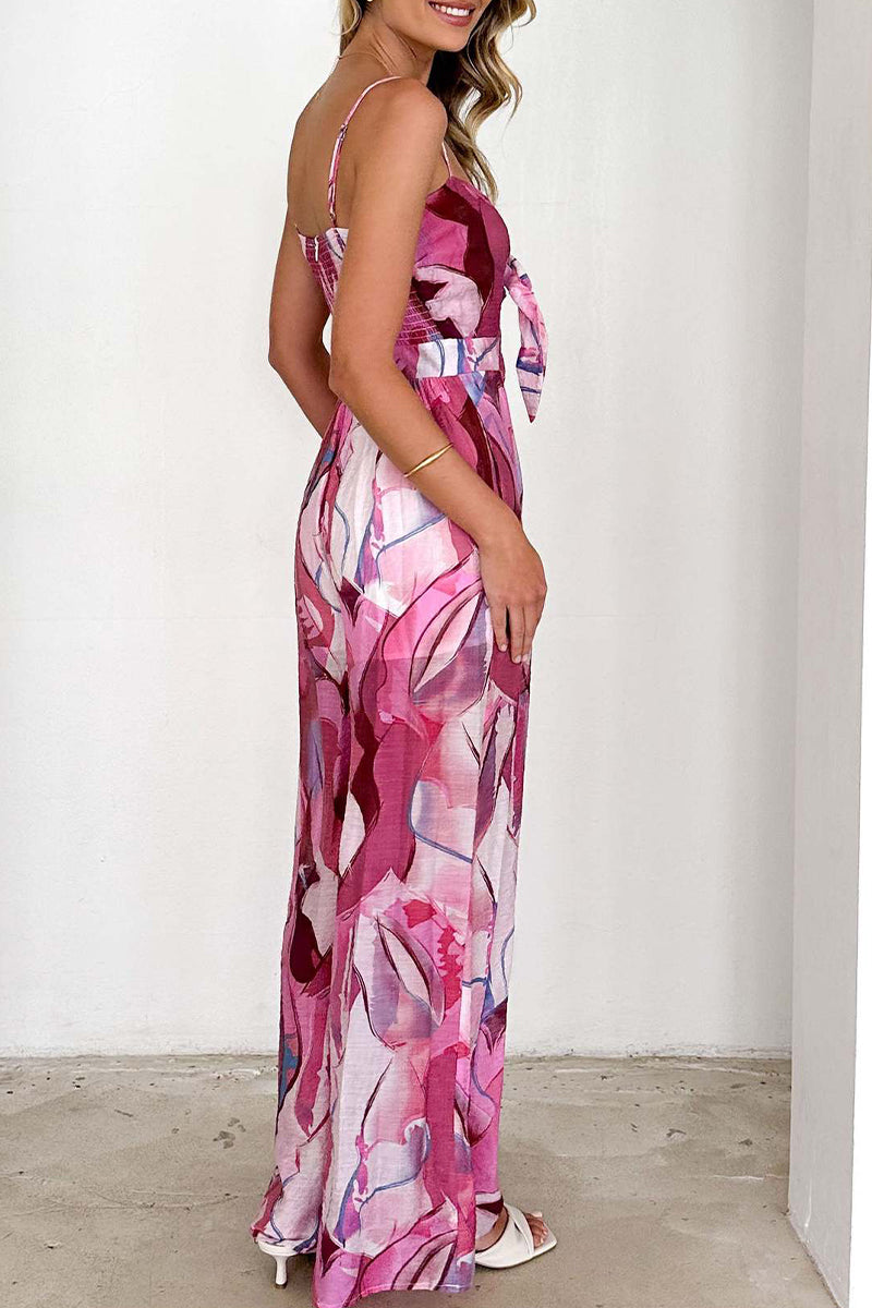 CM | Casual Floral Print Pocket Contrast V-Neck Loose Jumpsuits