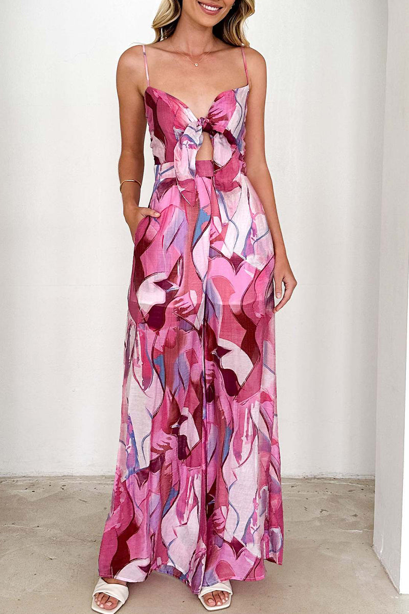 CM | Casual Floral Print Pocket Contrast V-Neck Loose Jumpsuits