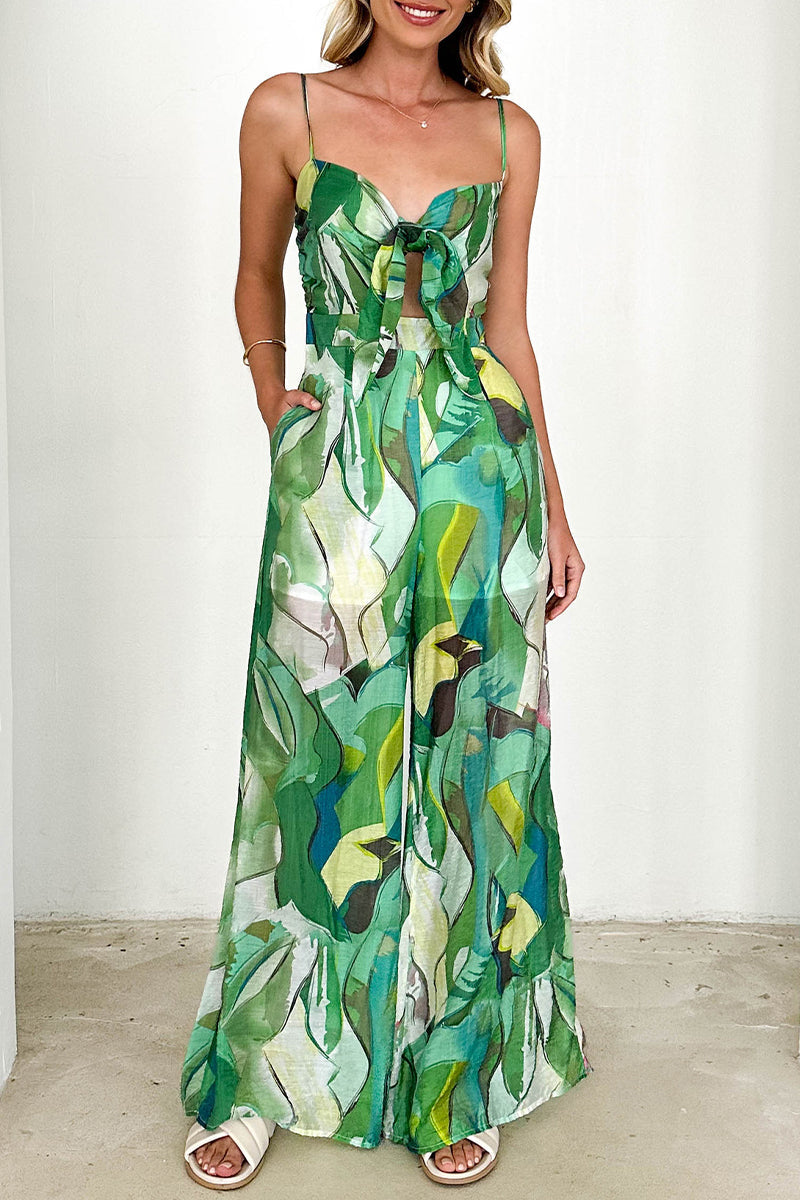 CM | Casual Floral Print Pocket Contrast V-Neck Loose Jumpsuits