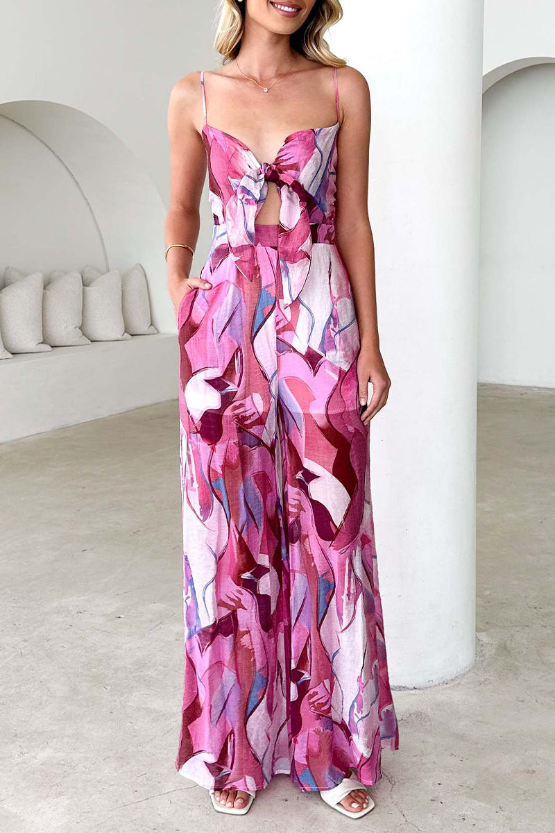 CM | Casual Floral Print Pocket Contrast V-Neck Loose Jumpsuits