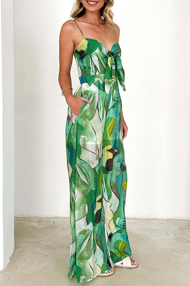CM | Casual Floral Print Pocket Contrast V-Neck Loose Jumpsuits