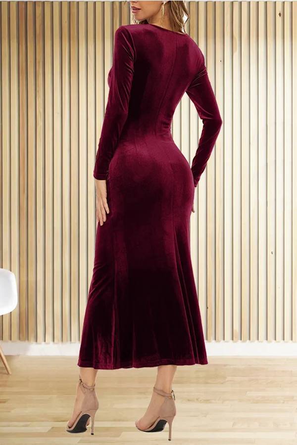 CM | Terciopelo Sólido Manga Larga Cuello en V Slim Fit Fishtail Maxi Vestido