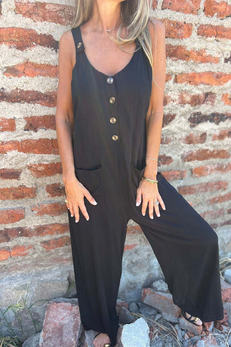 CM | Casual Color Sólido Bolsillo Botones Sin Espalda Cuello U Boot Cut Jumpsuits