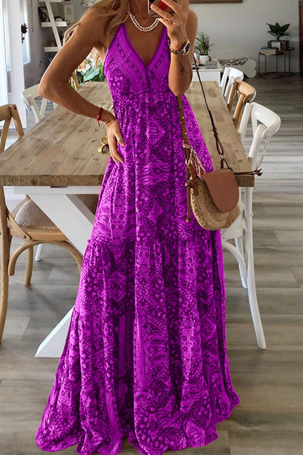 CM | Celeste maxi vestidos de tirantes con estampado boho y cintura elástica