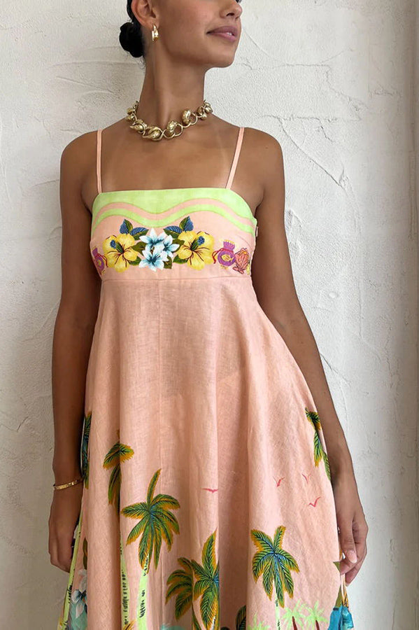 CM | Vestido midi con espalda fruncida y estampado tropical en mezcla de lino Coconut Scenery