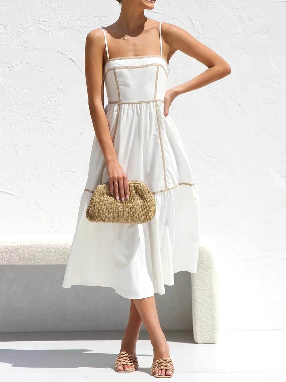 CM | Vestido Midi con Tirantes Ajustables y Ribetes de Color en Contraste
