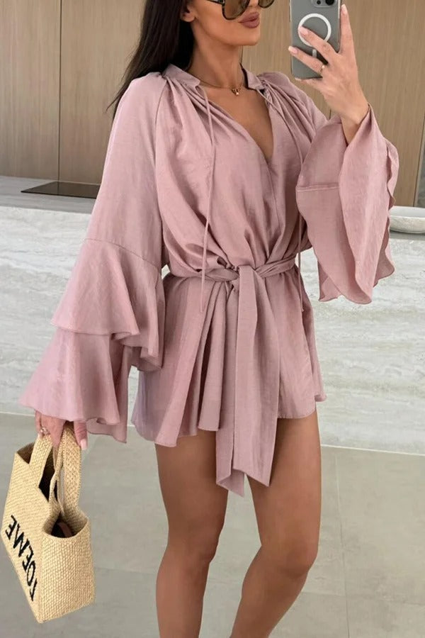 CM | Molly Lino Mezcla Tiered Bell Sleeve Tie-up Cover-up Mini Vestido