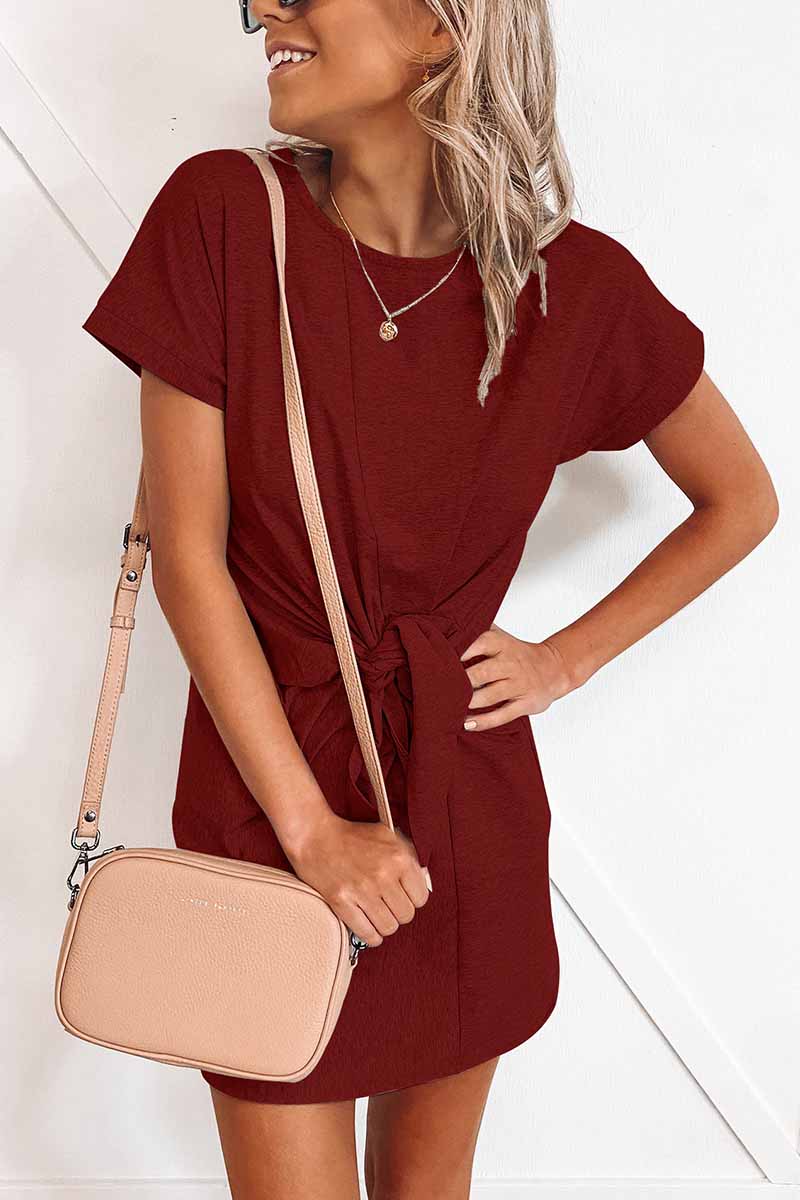 CM | Florcoo Lazo Suelto Color Sólido Mini Vestido de Manga Corta(6 Colores)