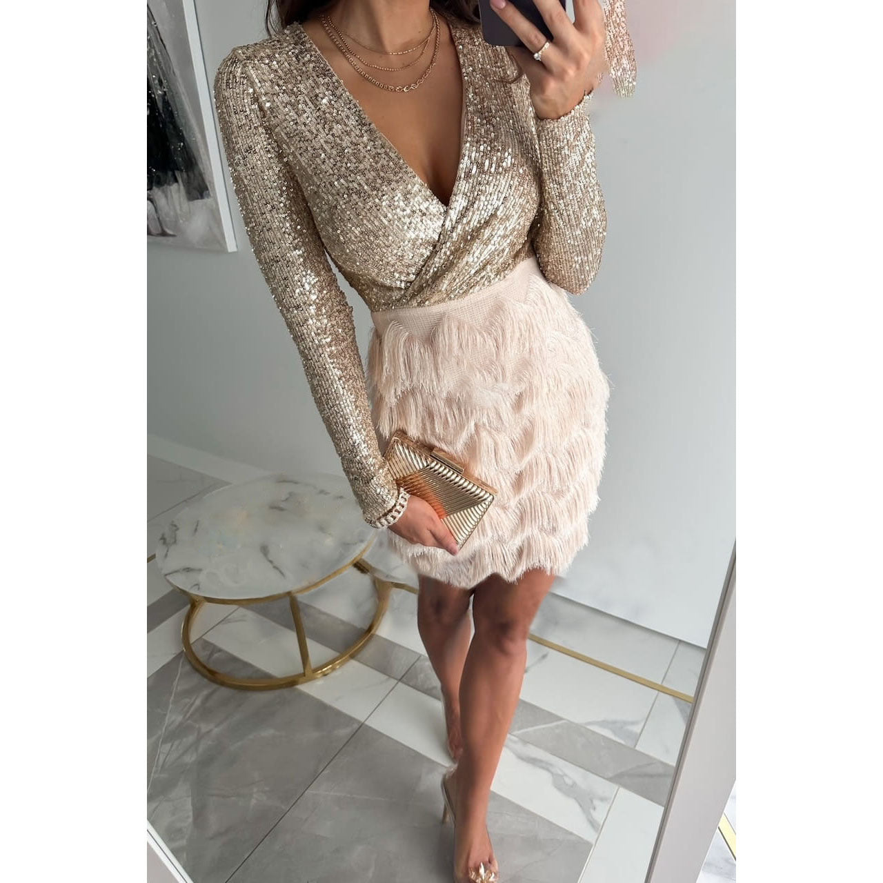 CM | elegante mini vestido de purpurina para mujer
