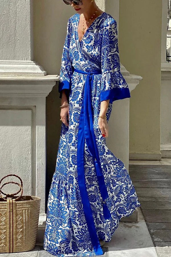 CM | Greek Island Satén Cinturón de borlas estampado floral único Maxi vestido de aspecto envolvente