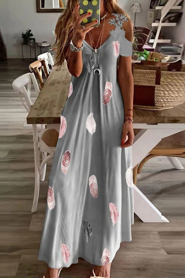 CM | Viana maxi vestido estampado de encaje de color contrastado con mangas rectas