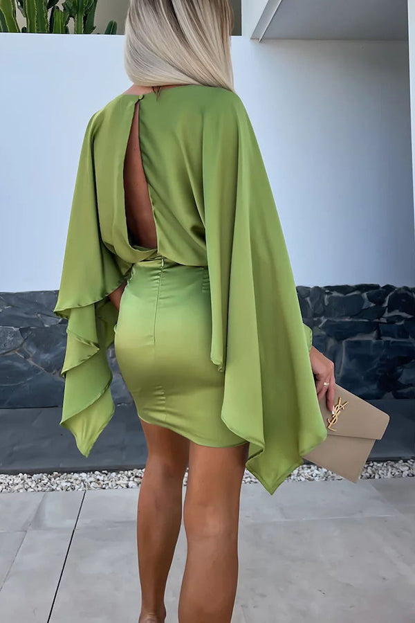 CM | Hermosas Alas Satén Mariposa Mangas Cintura Elástica Formal Mini Vestido