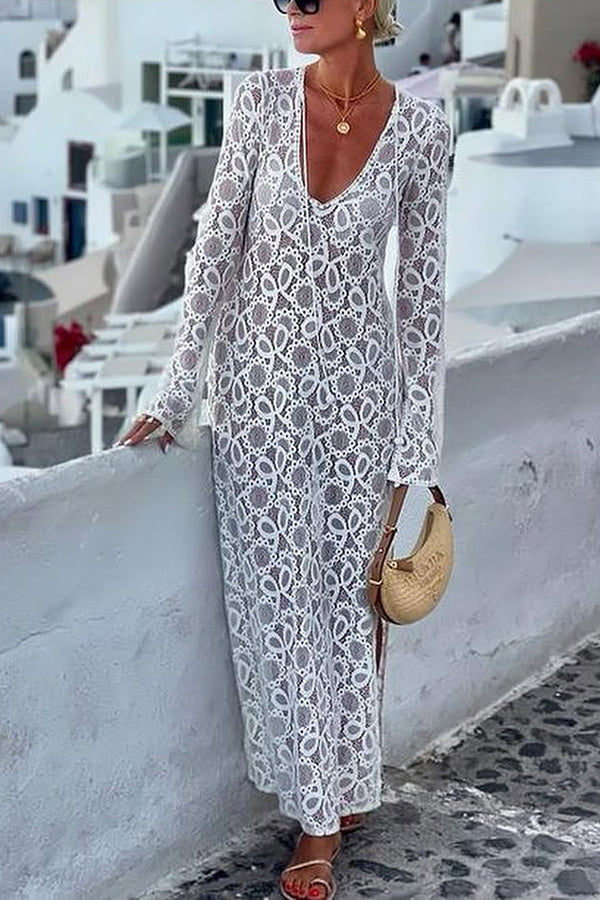 CM | Santorini Sunset Encaje Floral Manga Larga Hendidura Maxi Vestido de Vacaciones