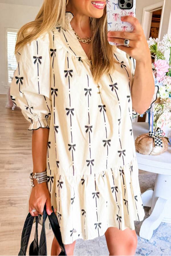 CM | Beige Lindo Lazo Impreso Burbuja Manga V-Cuello Mini Vestido
