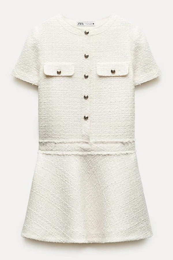 CM | 1960s London Girl tweed texturizado botón dorado manga corta bolsillo mini vestido