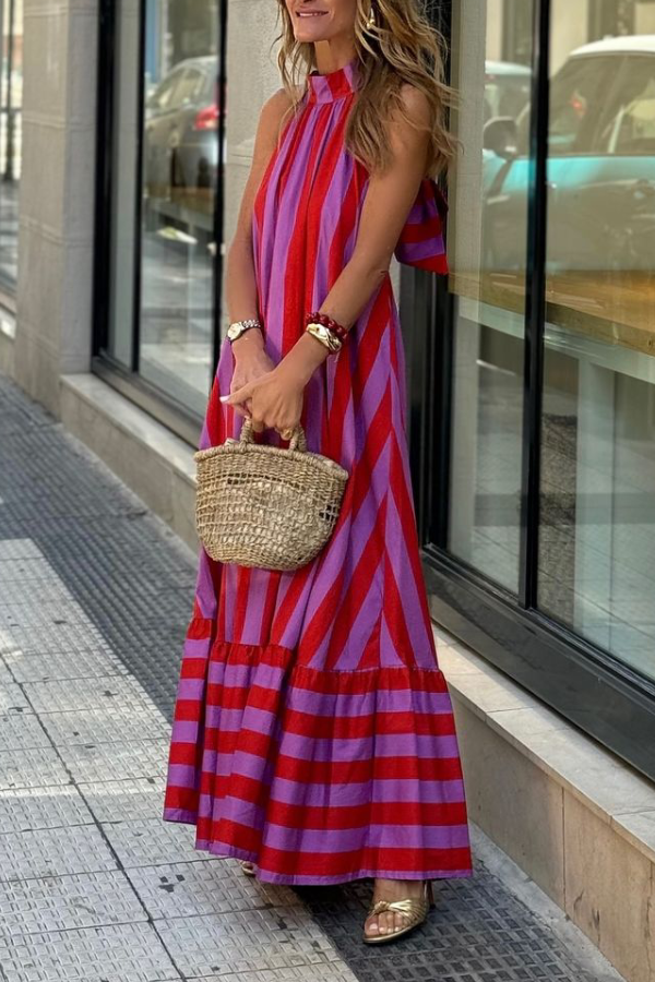 CM | Vestido largo sin espalda de rayas rojas casual