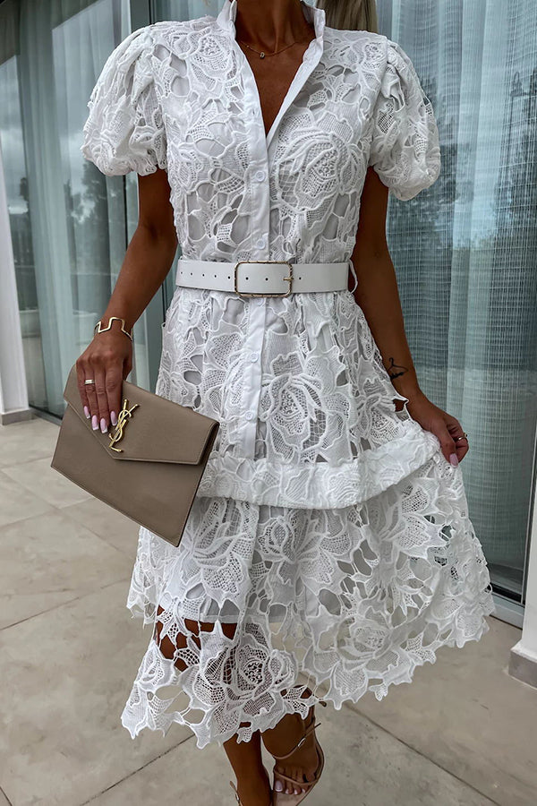 CM | Absolutamente Elegante Floral Crochet Encaje Puff Manga Cinturón Camisa Vestido Midi