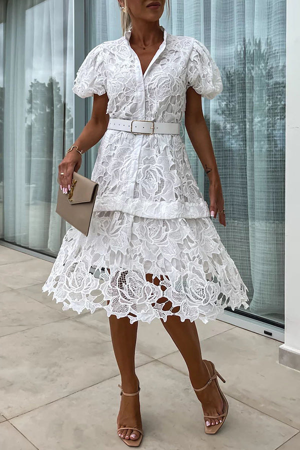 CM | Absolutamente Elegante Floral Crochet Encaje Puff Manga Cinturón Camisa Vestido Midi