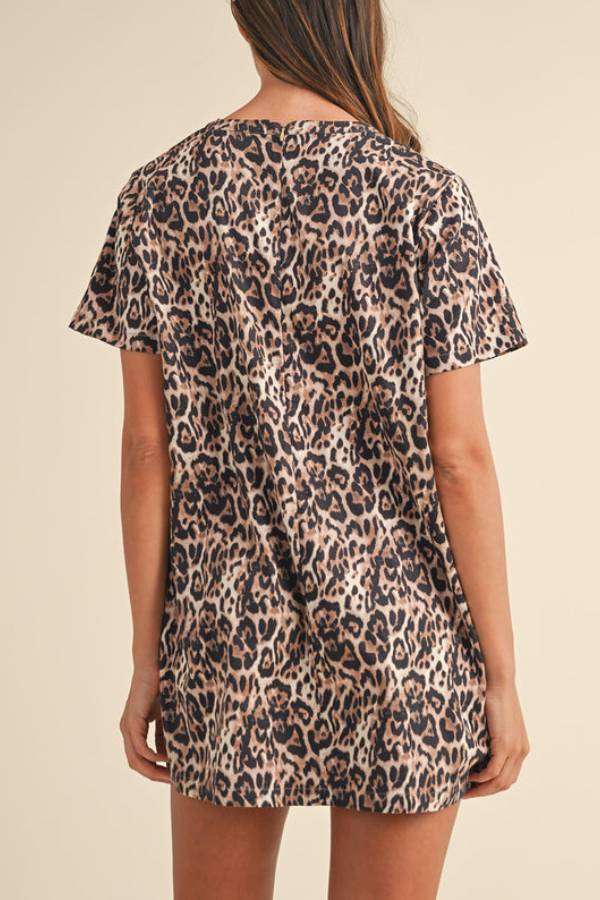 CM | Marrón Leopardo Mini Vestido de Manga Corta con Bolsillo