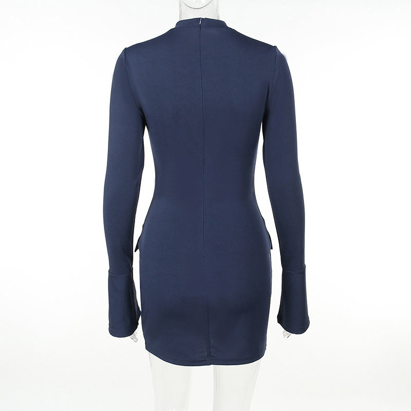 CM | Moda Vestido de Manga Larga con Dos Bolsillos Delgado Bodycon Cadera Vestido Corto para Mujer