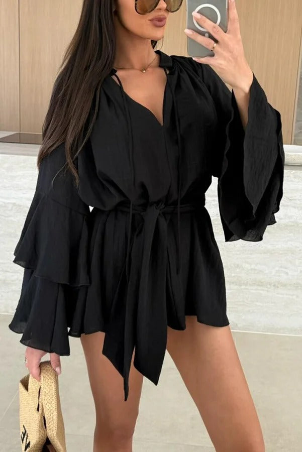 CM | Molly Lino Mezcla Tiered Bell Sleeve Tie-up Cover-up Mini Vestido