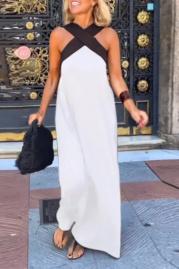 CM | Elegante maxi vestido cruzado sin espalda y sin mangas