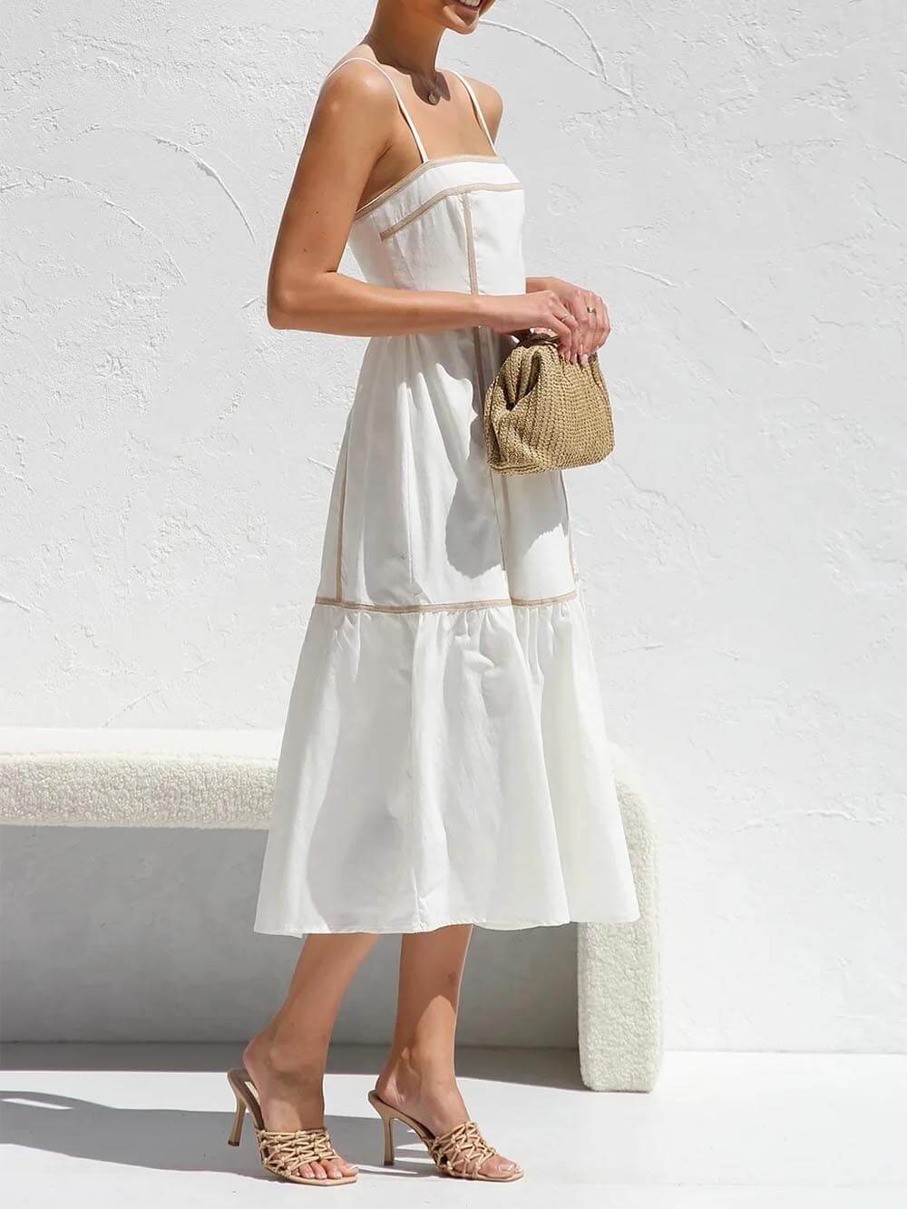 CM | Vestido Midi con Tirantes Ajustables y Ribetes de Color en Contraste