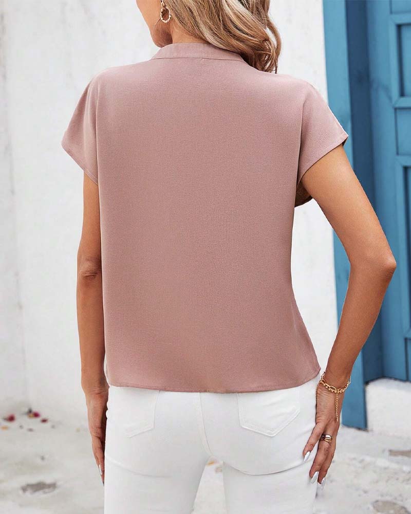 CM | Blusa casual con cuello en V, manga corta y lentejuelas