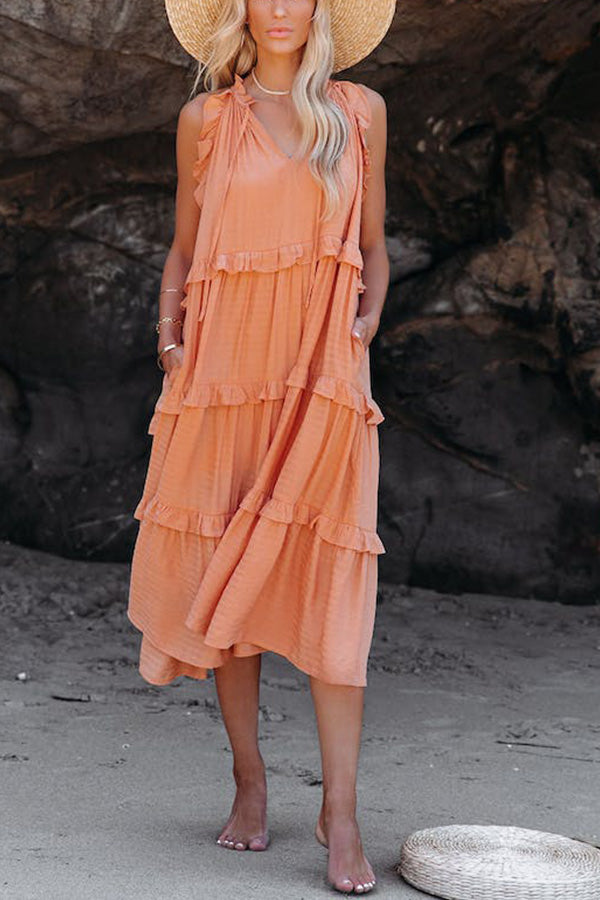 CM | MEZCLA DE ALGODÓN, VESTIDO MIDI ESCALONADO CON BOLSILLOS