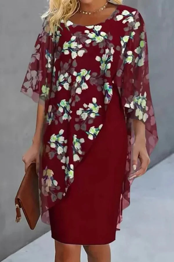 CM | Gasa Estampado Floral Cuello Redondo Mini Vestido Casual