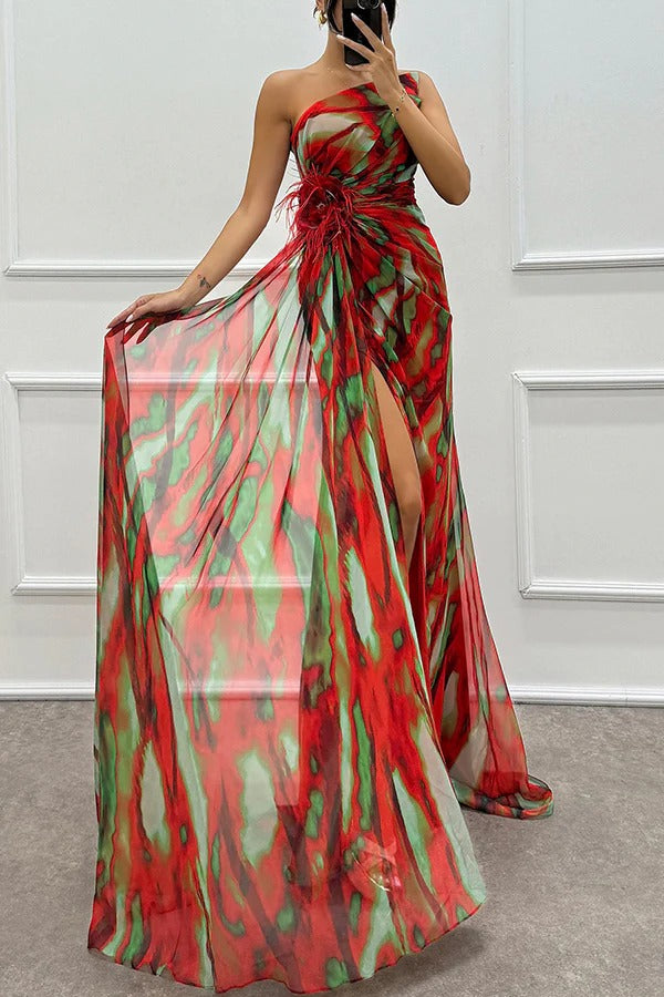 CM | Amazing Views Acuarela Imprimir Pluma Rosa Detalle Off Shoulder Plisado Hendidura Maxi Vestido