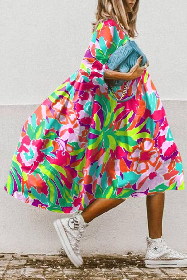 CM | Vestido midi vintage con estampado floral y bajo alto