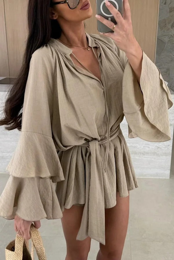 CM | Molly Lino Mezcla Tiered Bell Sleeve Tie-up Cover-up Mini Vestido