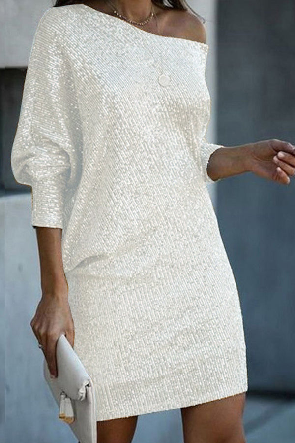 CM | Lentejuelas Sólido Off-shoulder Mini Vestido Suelto