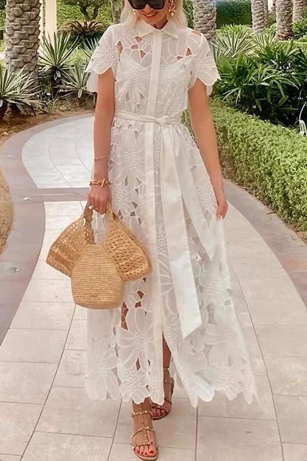 CM | Dubai Estilo Floral Crochet Encaje Manga Corta Atado Camisa Maxi Vestido