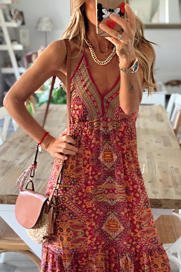 CM | Celeste maxi vestidos de tirantes con estampado boho y cintura elástica