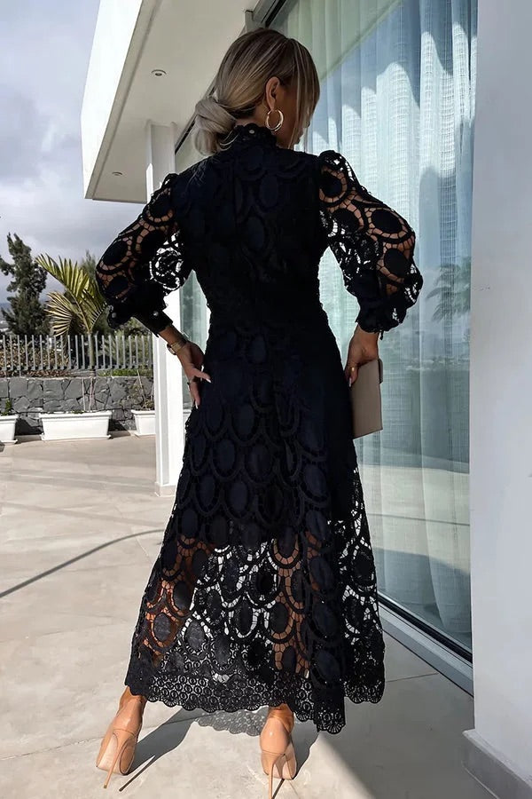 CM | Romántico, Sensual y Elegante Vestido Midi de Encaje de Crochet con Manga Farol de Fiesta