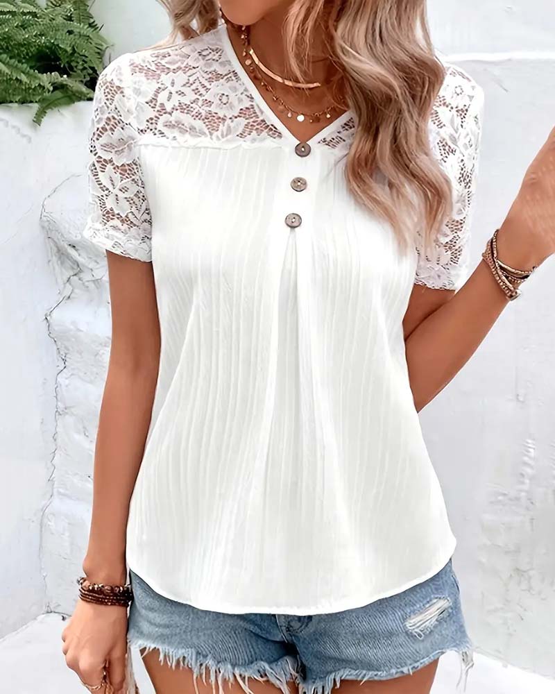CM | Blusa con cuello en V, monocolor, con costura de encaje