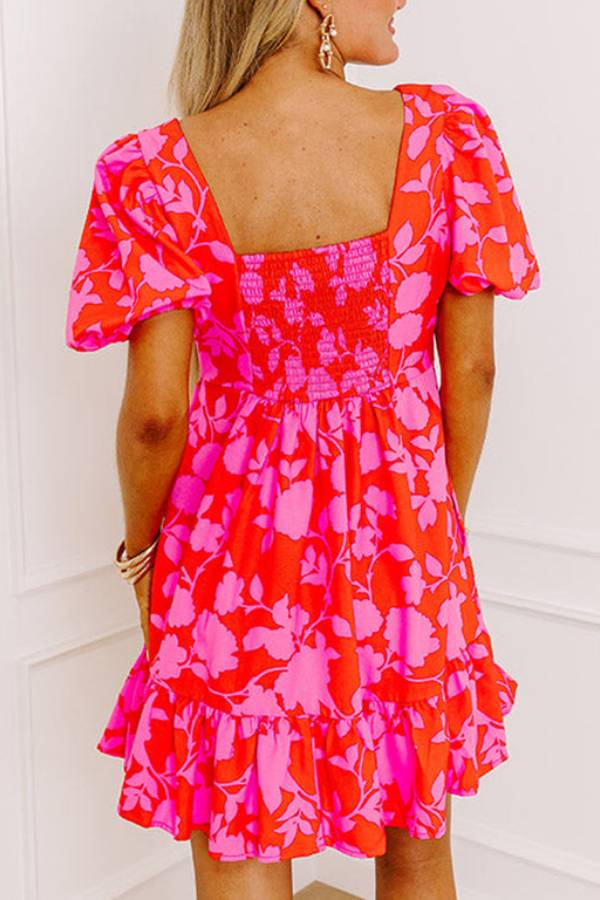 CM | Rojo Floral Burbuja Manga Sweetheart Cuello Ruffled Mini Vestido