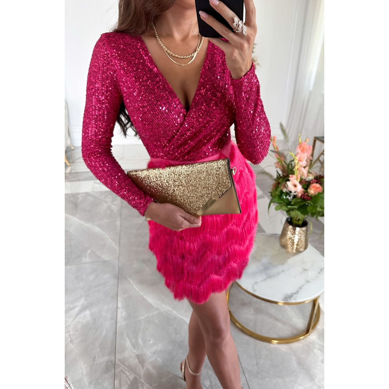 CM | elegante mini vestido de purpurina para mujer