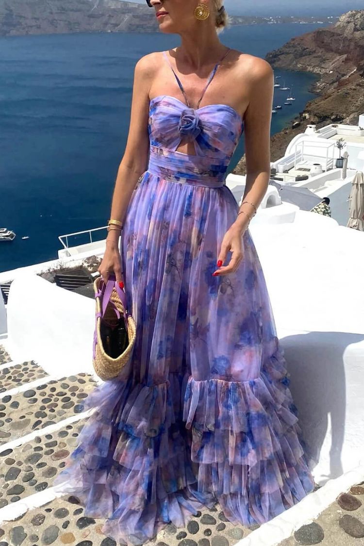 CM | Dreamy Clouds Tul estampado Rosa Detalle Cuello Ruffle Striped Halter Maxi Vestido