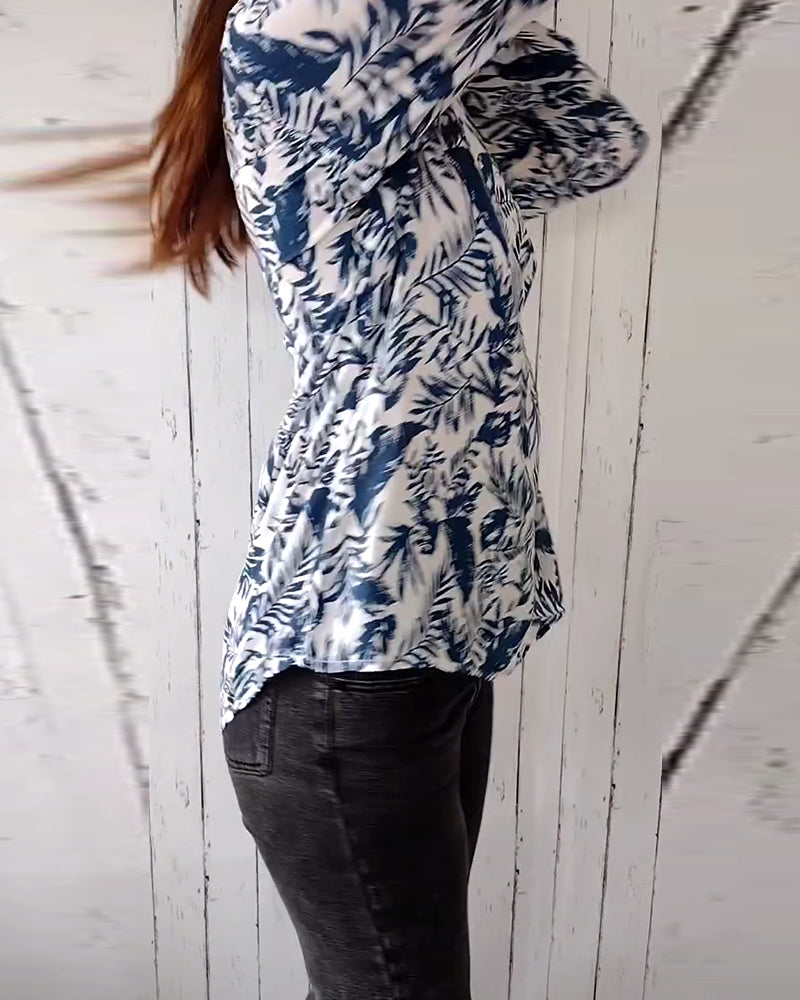 CM | Blusa casual con botones y estampado de hojas con cuello en V y mangas nueve cuartos