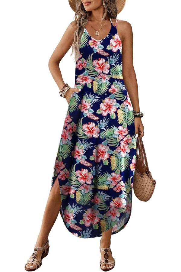 CM | Casual V-cuello halter hendidura bohemio playa resort maxi vestido