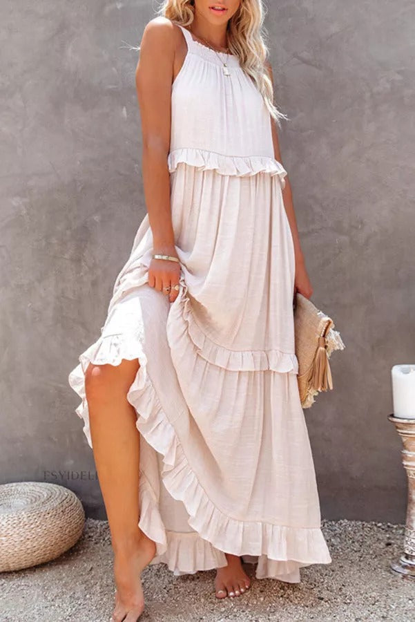 CM | Vittoria Vestido maxi halter fruncido con volantes