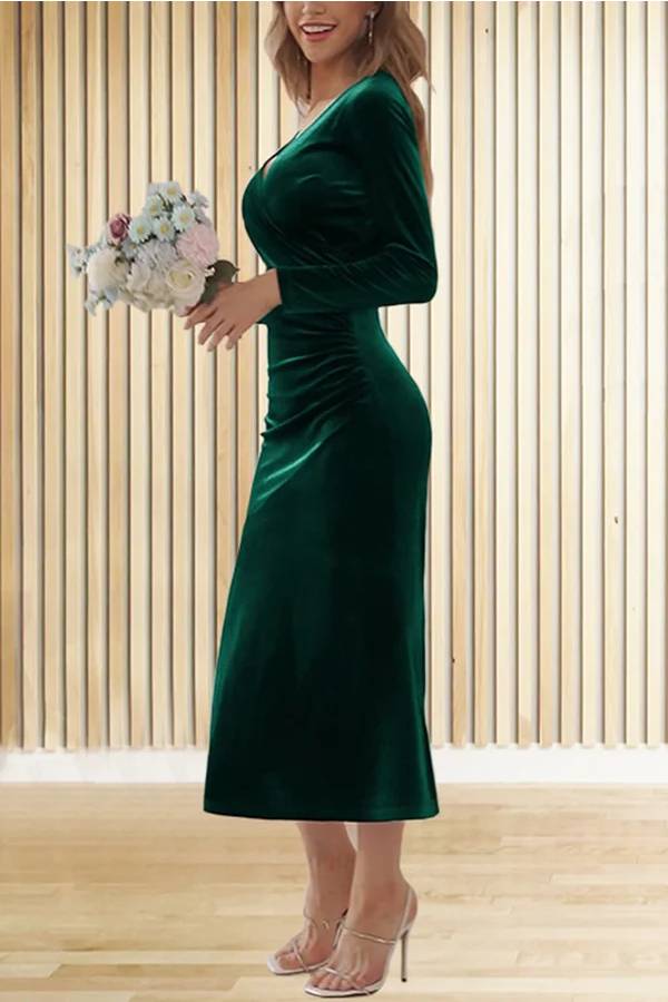 CM | Terciopelo Sólido Manga Larga Cuello en V Slim Fit Fishtail Maxi Vestido