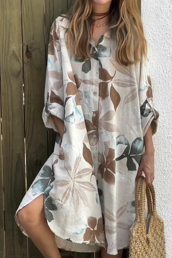 CM | Botanical Print Vestido midi holgado de manga larga y un solo pecho con bolsillos