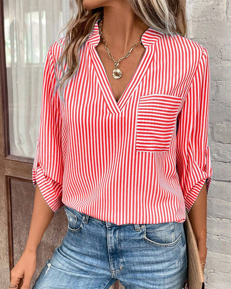 CM | Blusa casual con cuello en V y estampado de rayas