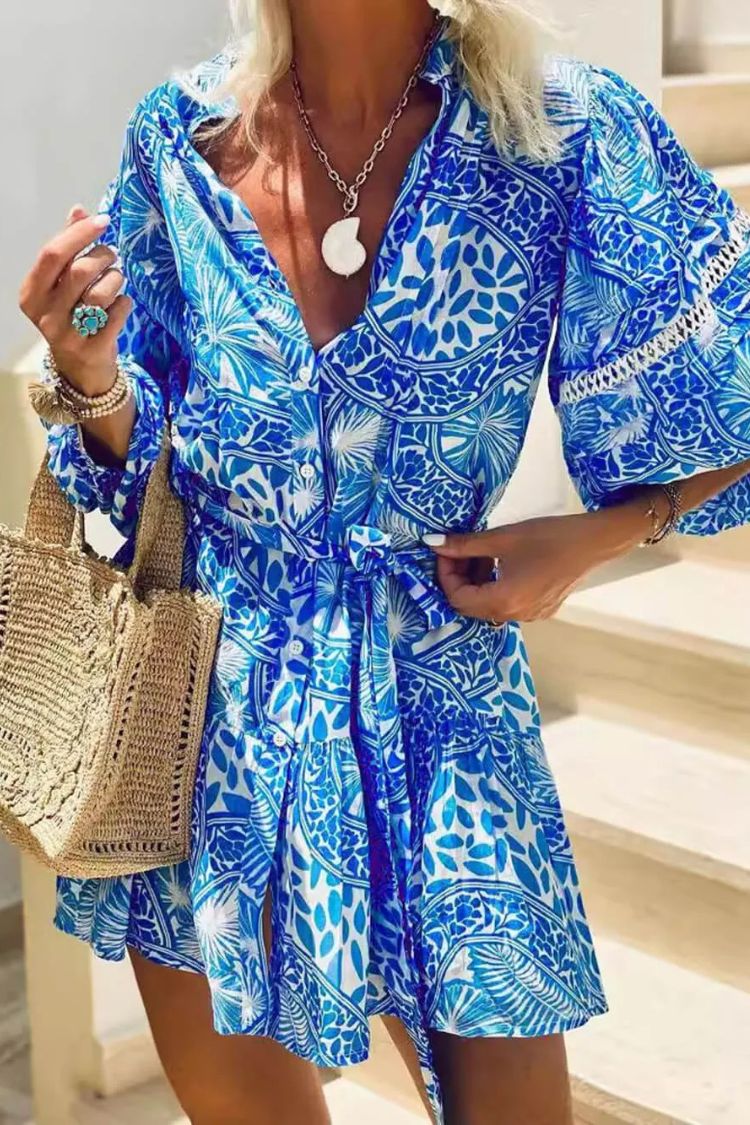 CM | Fashion Stand Up Collar Shift Impreso Resort Mini Vestido
